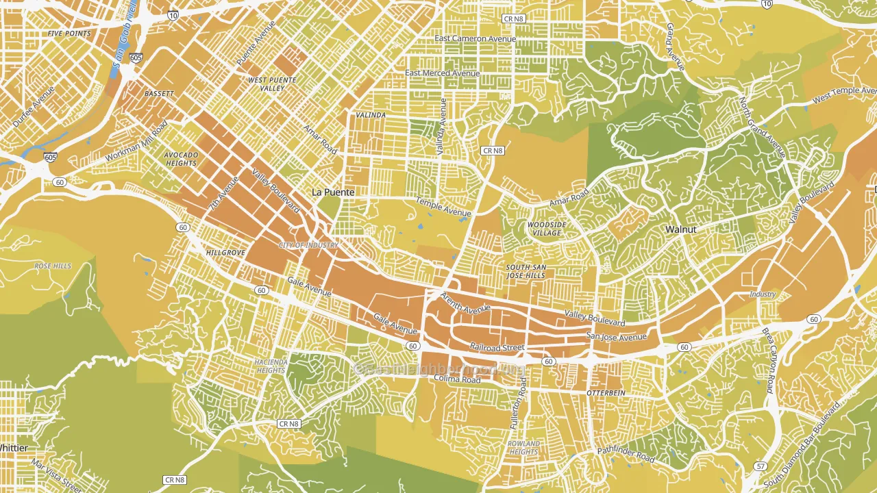 Map of the best neighborhoods in the Industry area, with better matches in green and worse matches in red