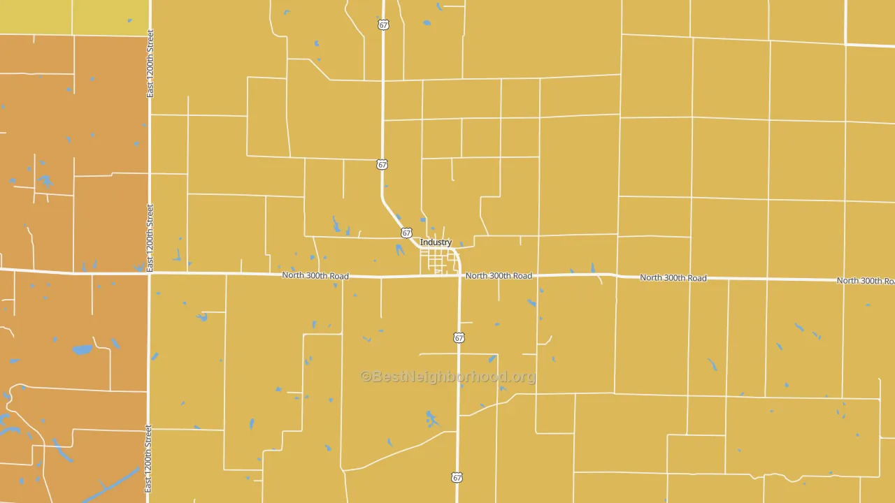 Map of the best neighborhoods in the Industry area, with better matches in green and worse matches in red
