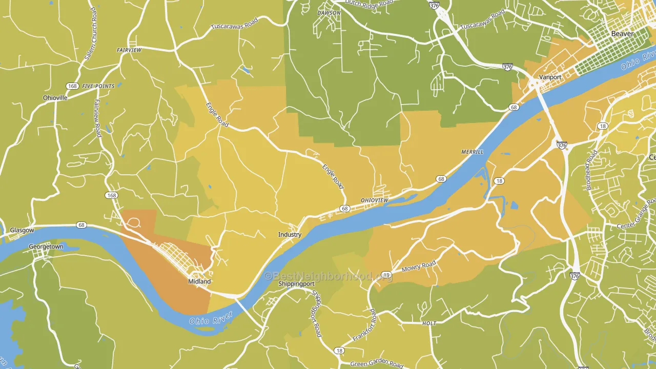Map of the best neighborhoods in the Industry area, with better matches in green and worse matches in red