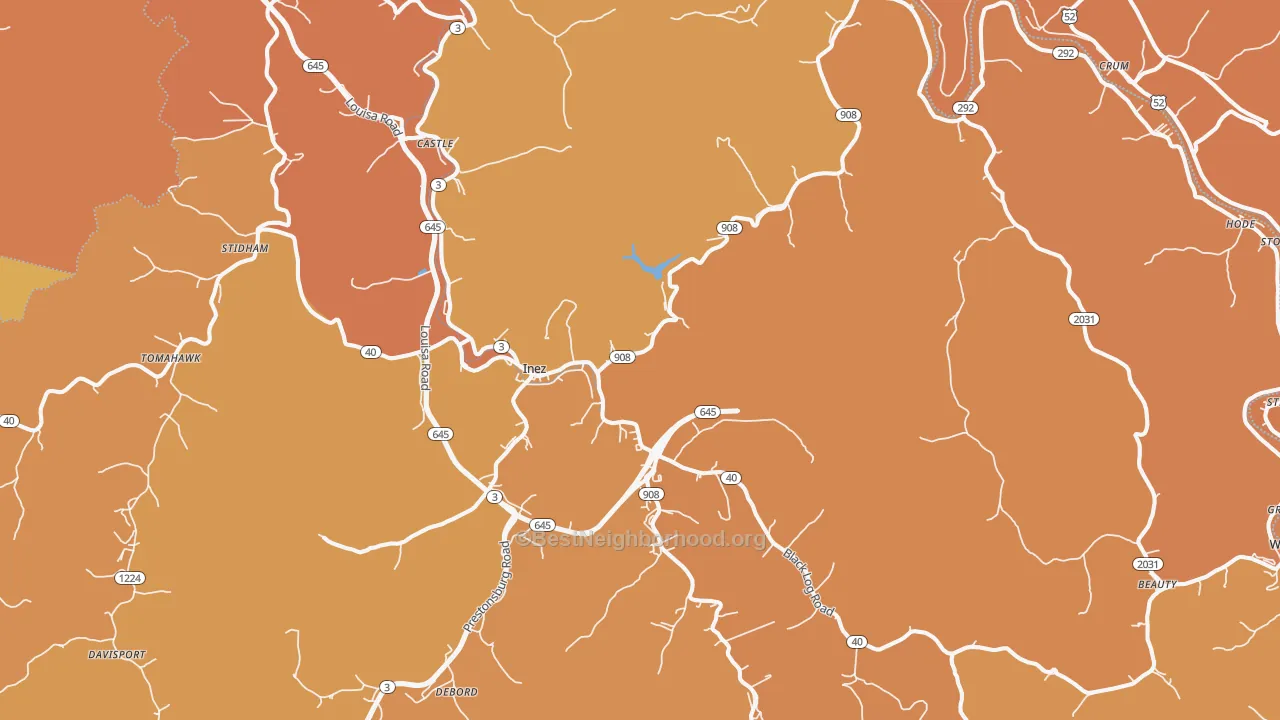 Map of the best neighborhoods in the Inez area, with better matches in green and worse matches in red