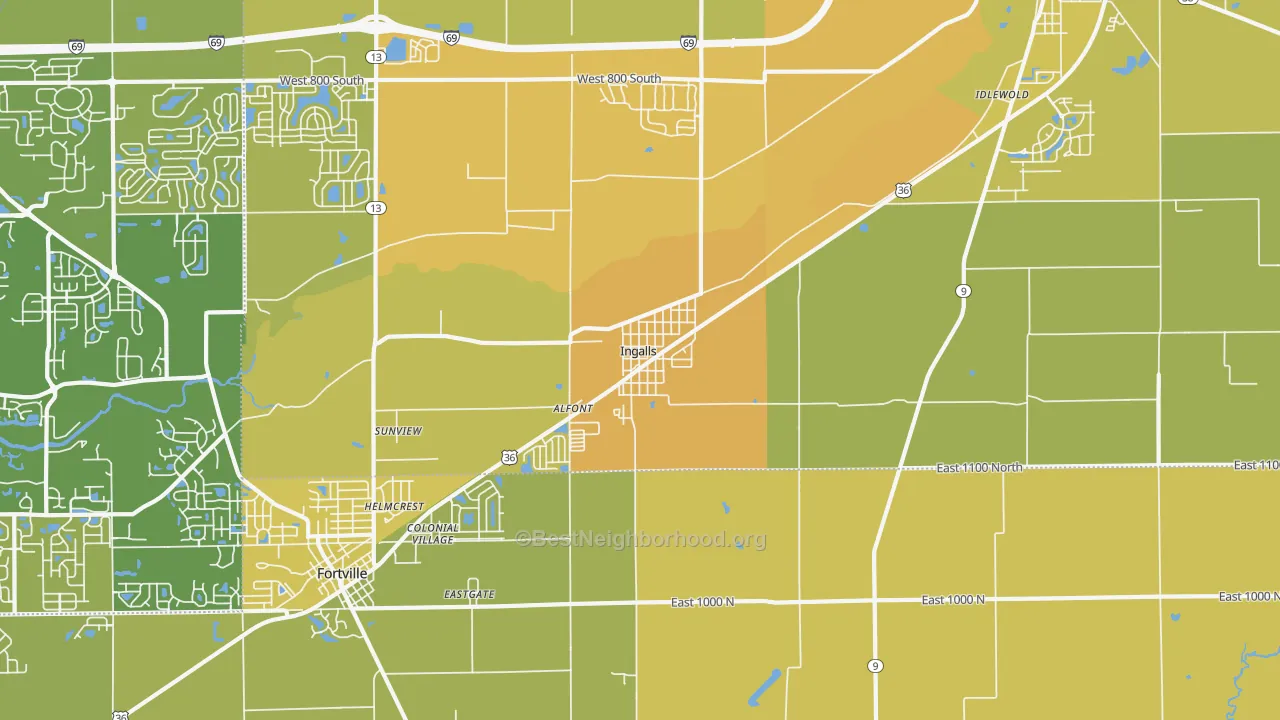 Map of the best neighborhoods in the Ingalls area, with better matches in green and worse matches in red