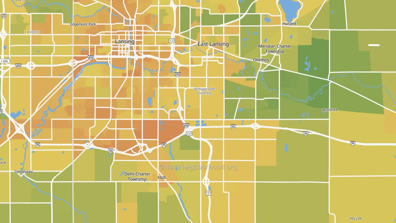 Map of the best neighborhoods in the Ingham County area, with better matches in green and worse matches in red