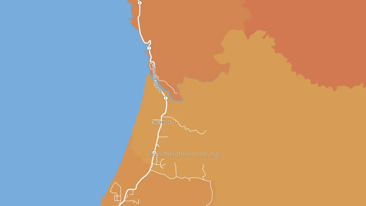 Map of the best neighborhoods in the Inglenook area, with better matches in green and worse matches in red