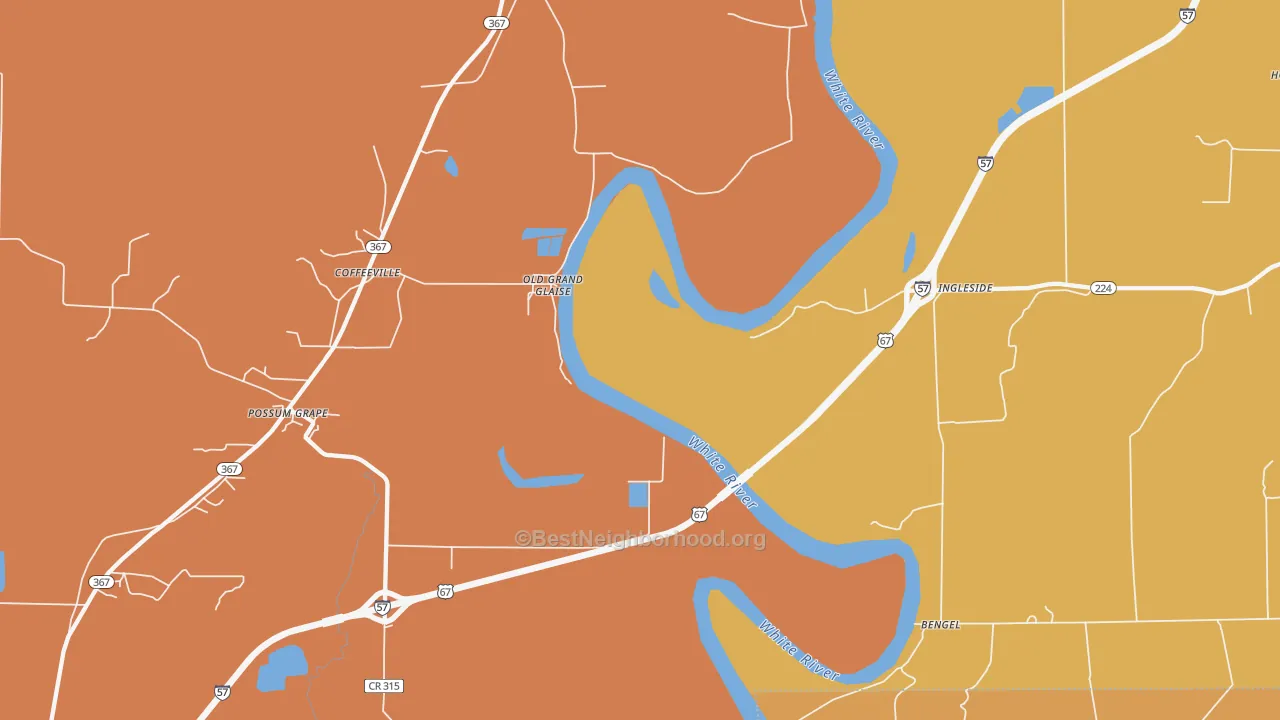 Map of the best neighborhoods in the Ingleside area, with better matches in green and worse matches in red