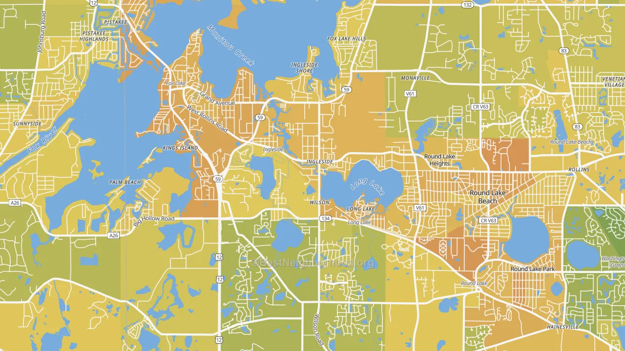 Map of the best neighborhoods in the Ingleside area, with better matches in green and worse matches in red