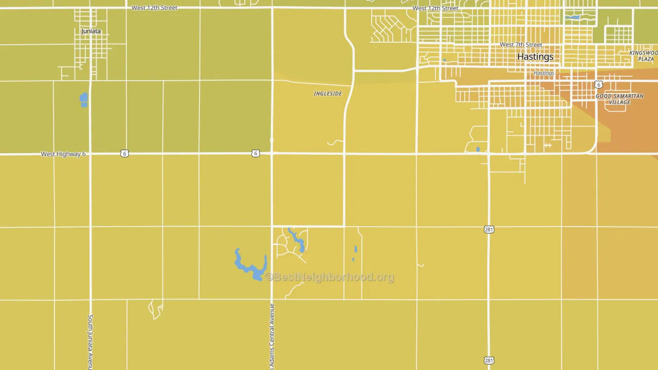 Map of the best neighborhoods in the Ingleside area, with better matches in green and worse matches in red