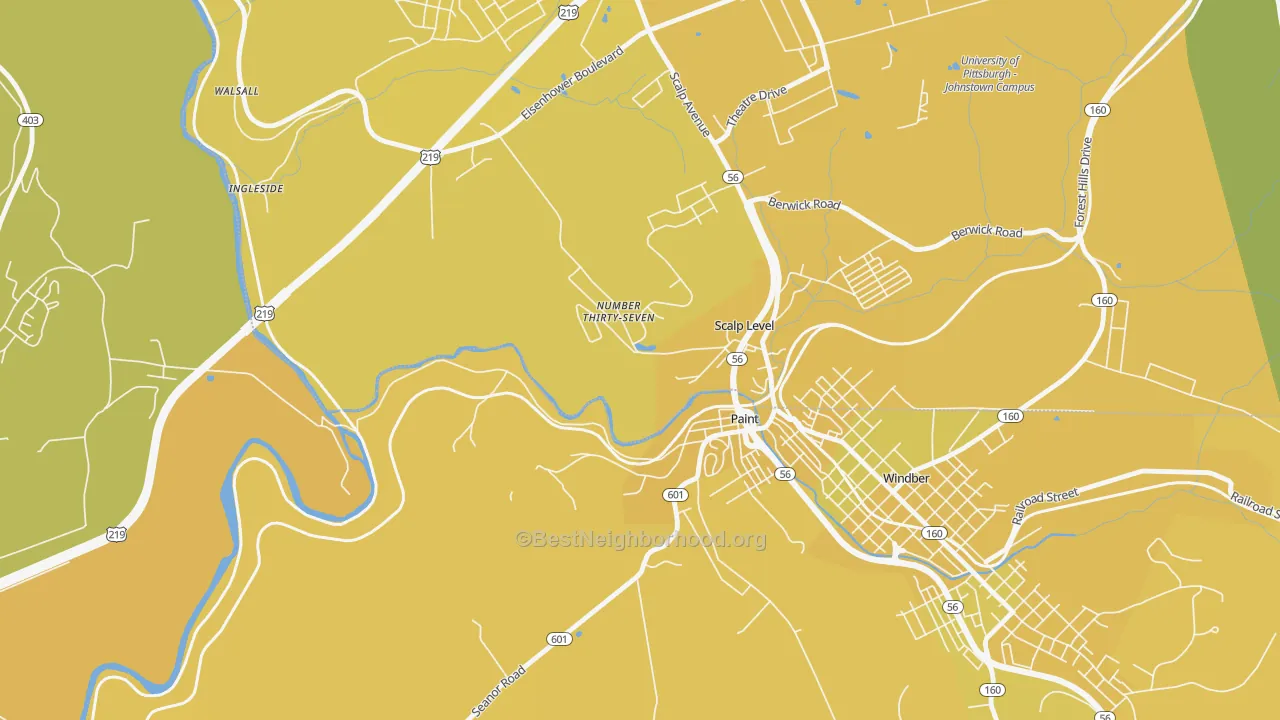 Map of the best neighborhoods in the Ingleside area, with better matches in green and worse matches in red