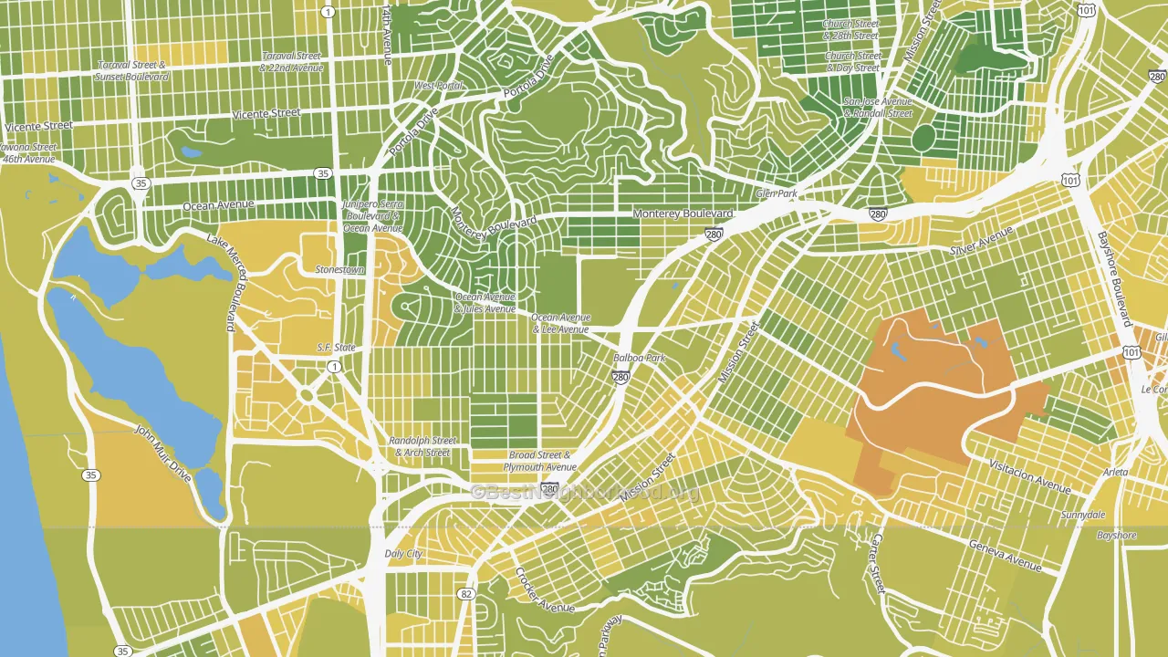 Map of the best neighborhoods in the Ingleside, San Francisco area, with better matches in green and worse matches in red