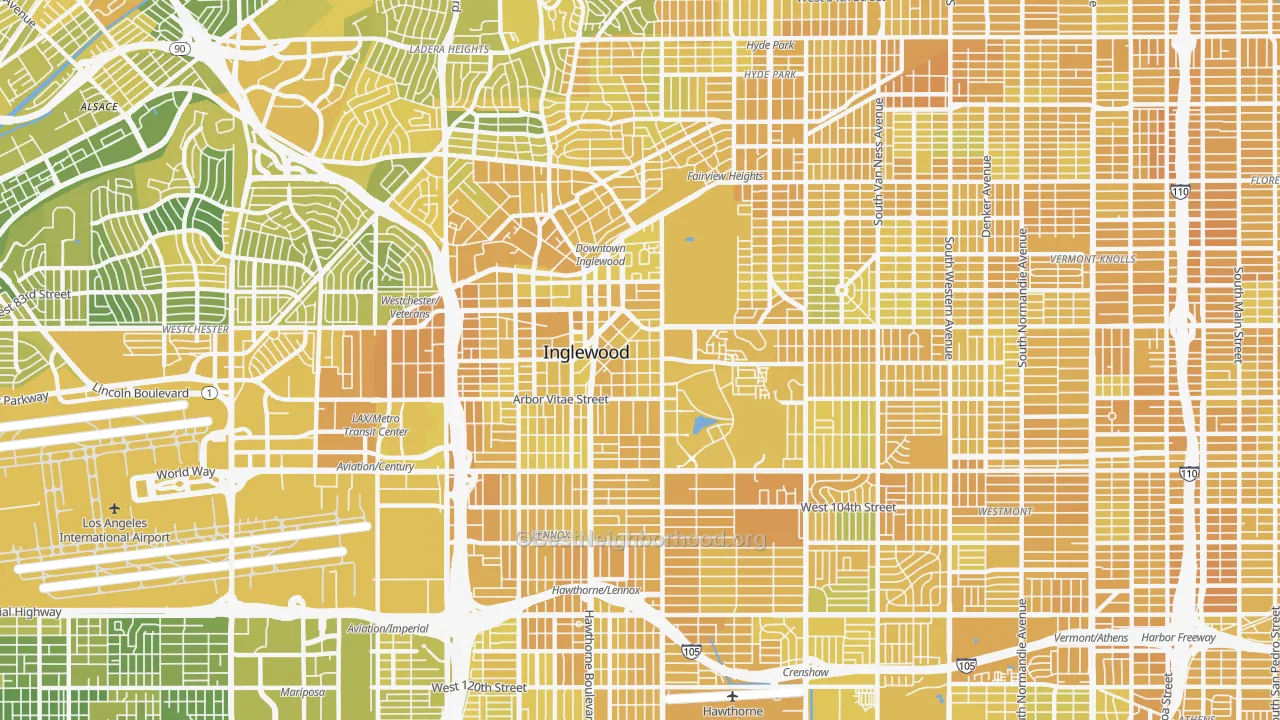 Map of the best neighborhoods in the Inglewood area, with better matches in green and worse matches in red