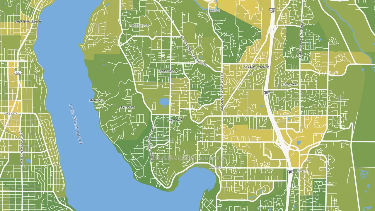 Map of the best neighborhoods in the Inglewood-Finn Hill area, with better matches in green and worse matches in red