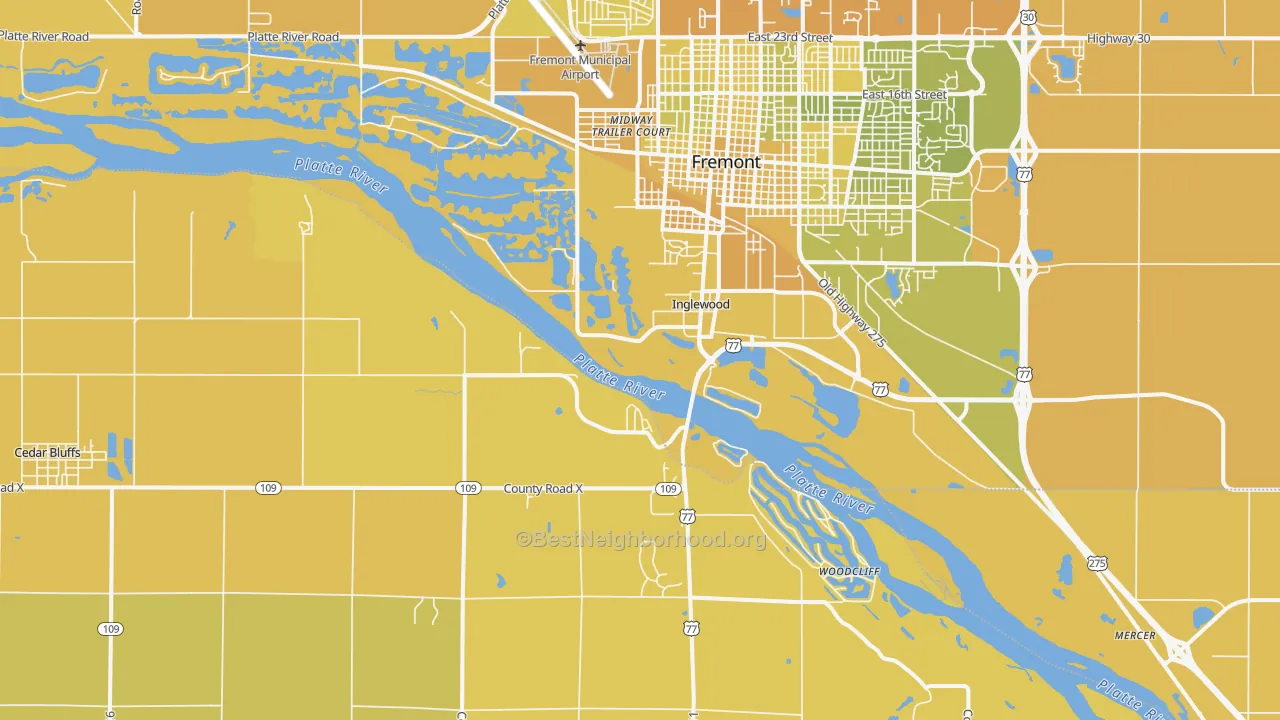 Map of the best neighborhoods in the Inglewood area, with better matches in green and worse matches in red