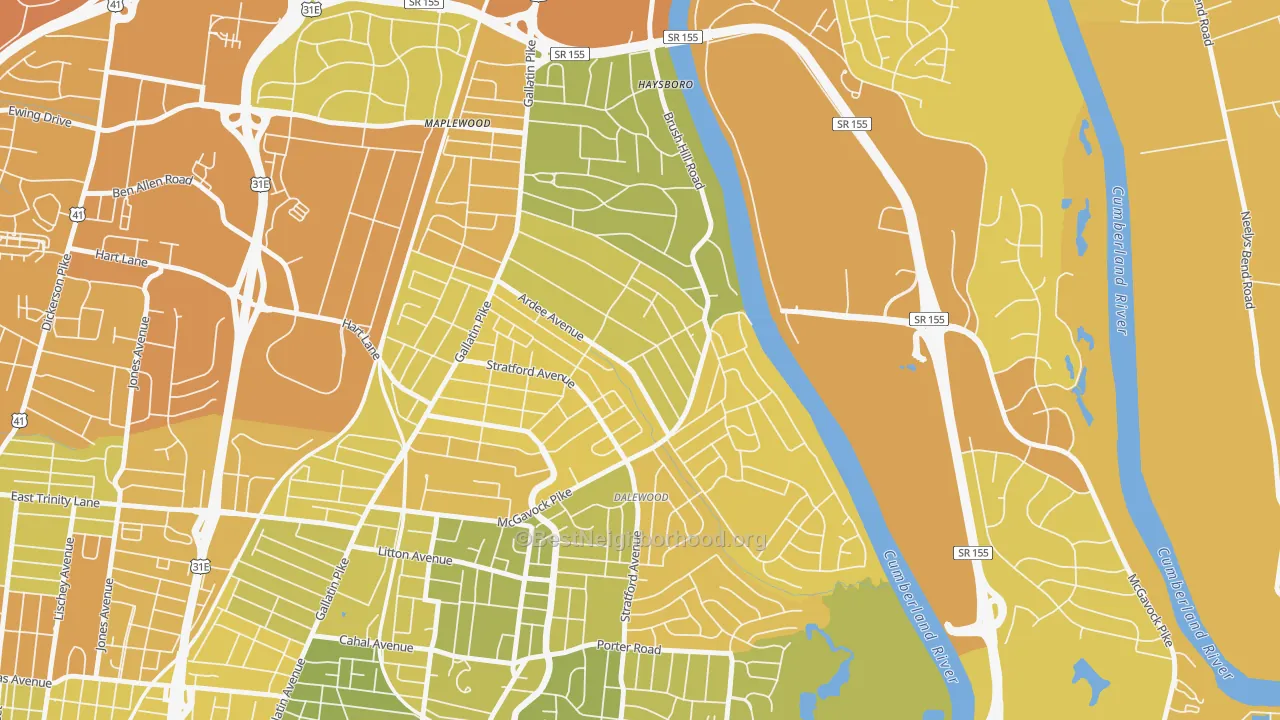 Map of the best neighborhoods in the Inglewood-Riverwood, Nashville area, with better matches in green and worse matches in red