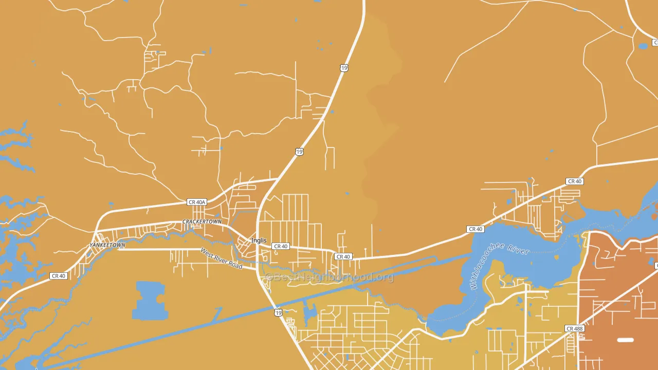 Map of the best neighborhoods in the Inglis area, with better matches in green and worse matches in red