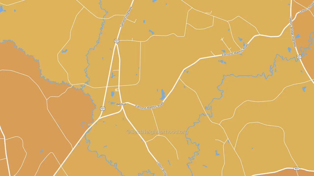 Map of the best neighborhoods in the Ingold area, with better matches in green and worse matches in red
