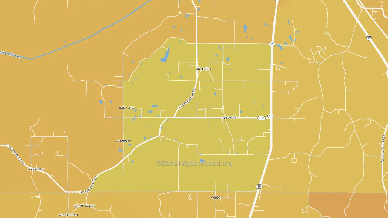 Map of the best neighborhoods in the Ingomar area, with better matches in green and worse matches in red