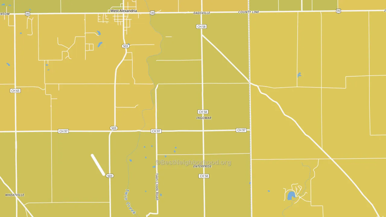 Map of the best neighborhoods in the Ingomar area, with better matches in green and worse matches in red