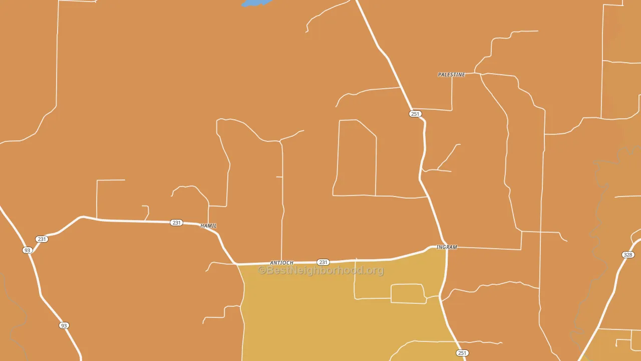 Map of the best neighborhoods in the Ingram area, with better matches in green and worse matches in red