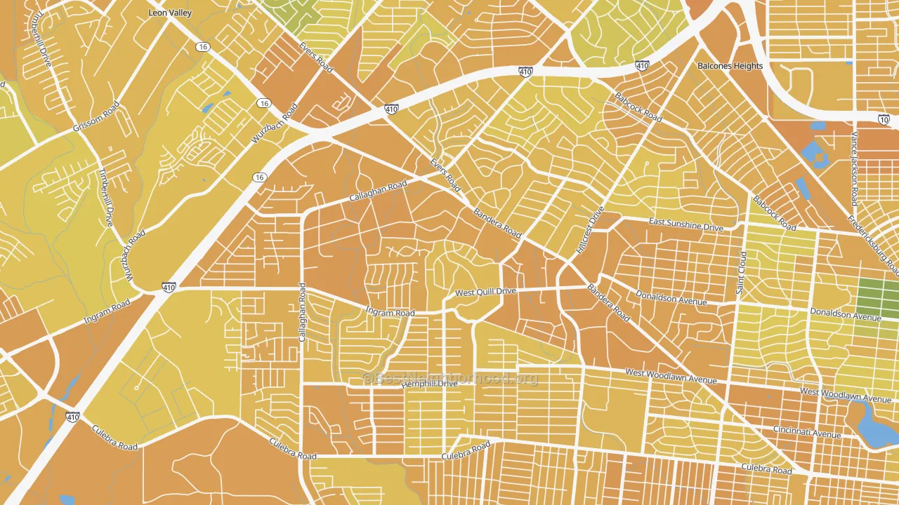 Map of the best neighborhoods in the Ingram Hills, San Antonio area, with better matches in green and worse matches in red