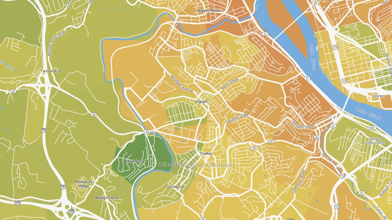 Map of the best neighborhoods in the Ingram area, with better matches in green and worse matches in red