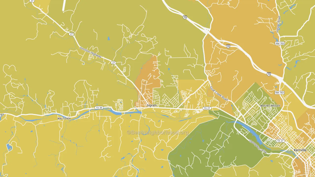 Map of the best neighborhoods in the Ingram area, with better matches in green and worse matches in red