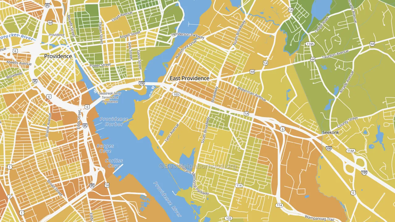 Map of the best neighborhoods in the Ingrams Corner, East Providence area, with better matches in green and worse matches in red