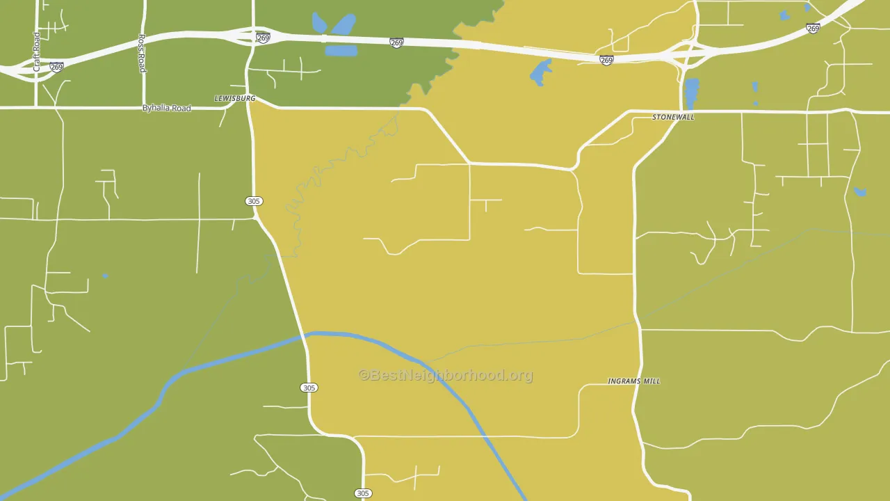 Map of the best neighborhoods in the Ingrams Mill area, with better matches in green and worse matches in red