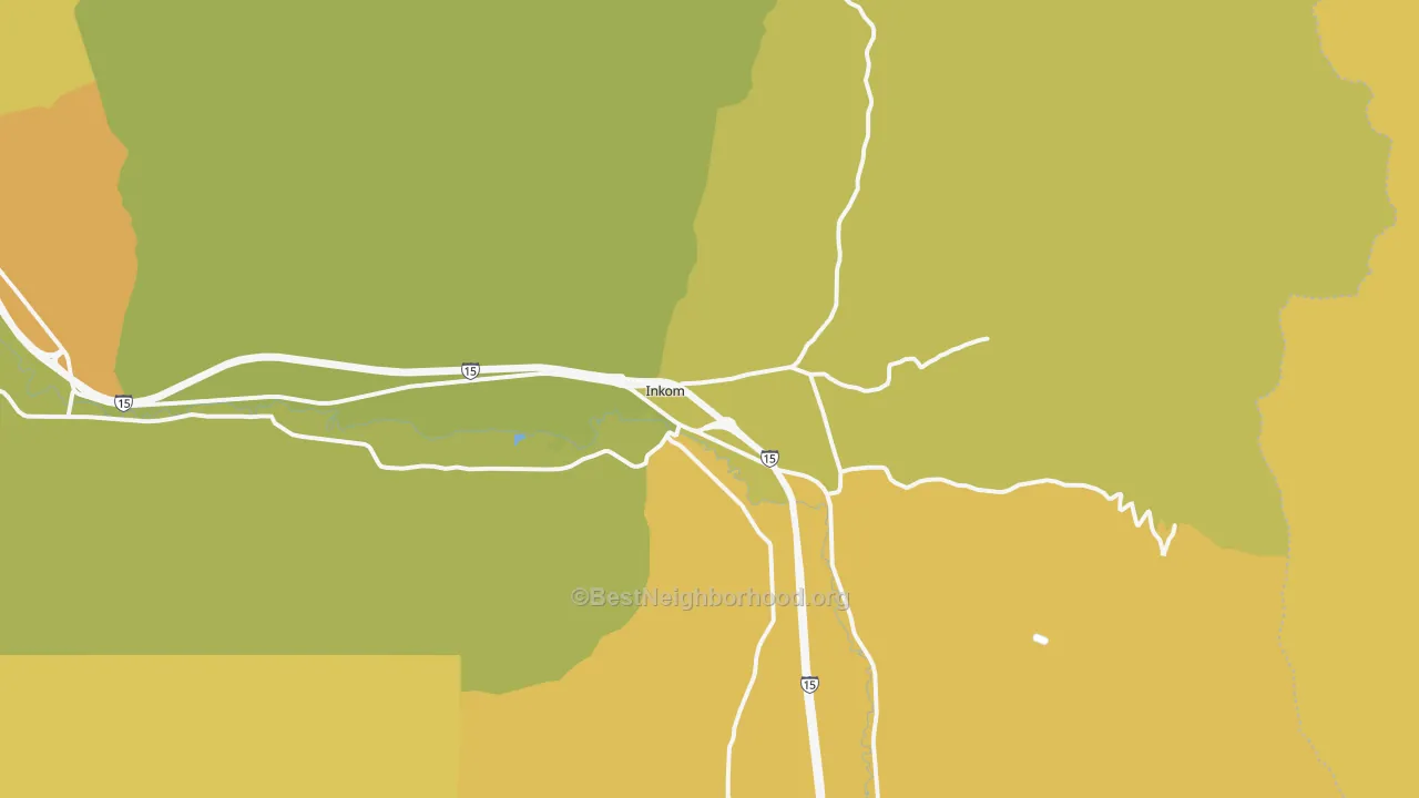 Map of the best neighborhoods in the Inkom area, with better matches in green and worse matches in red