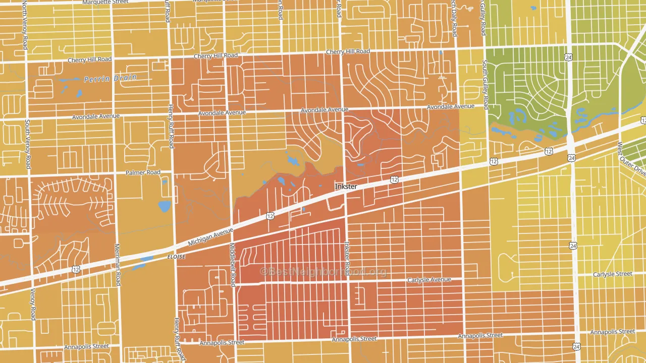 Map of the best neighborhoods in the Inkster area, with better matches in green and worse matches in red