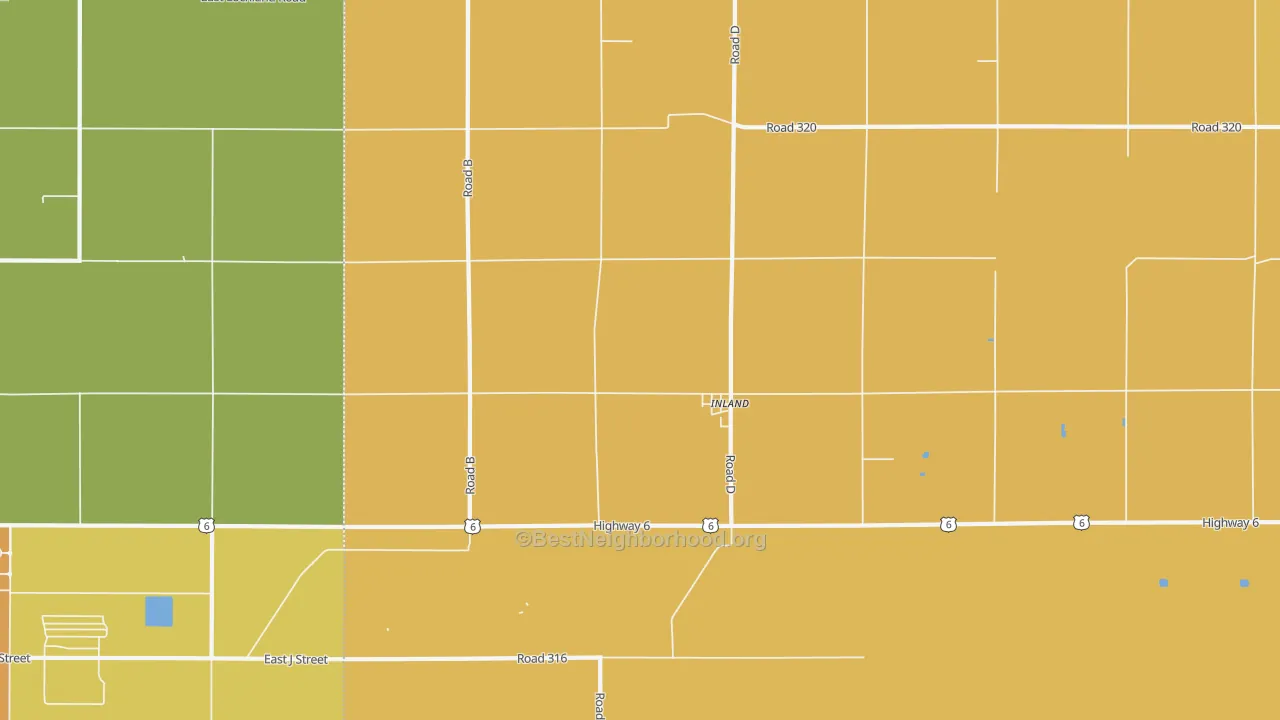 Map of the best neighborhoods in the Inland area, with better matches in green and worse matches in red