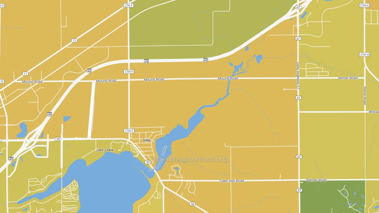 Map of the best neighborhoods in the Inlet area, with better matches in green and worse matches in red