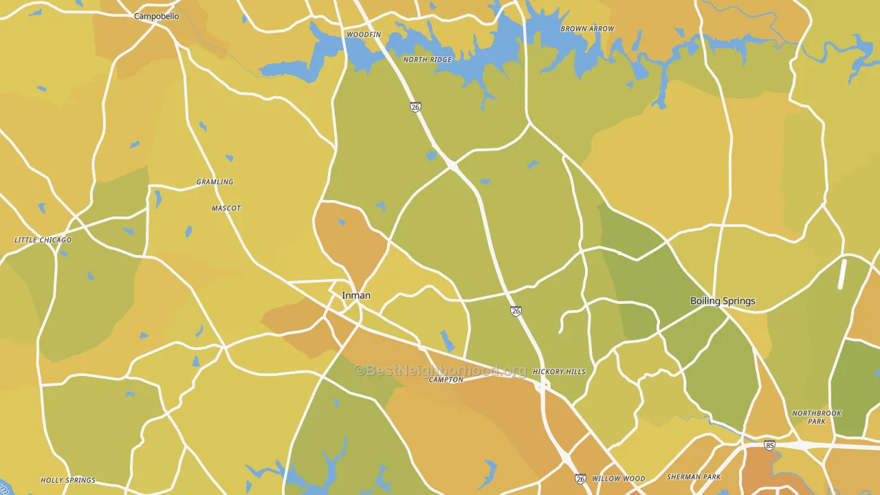 Map of the best neighborhoods in the Inman area, with better matches in green and worse matches in red