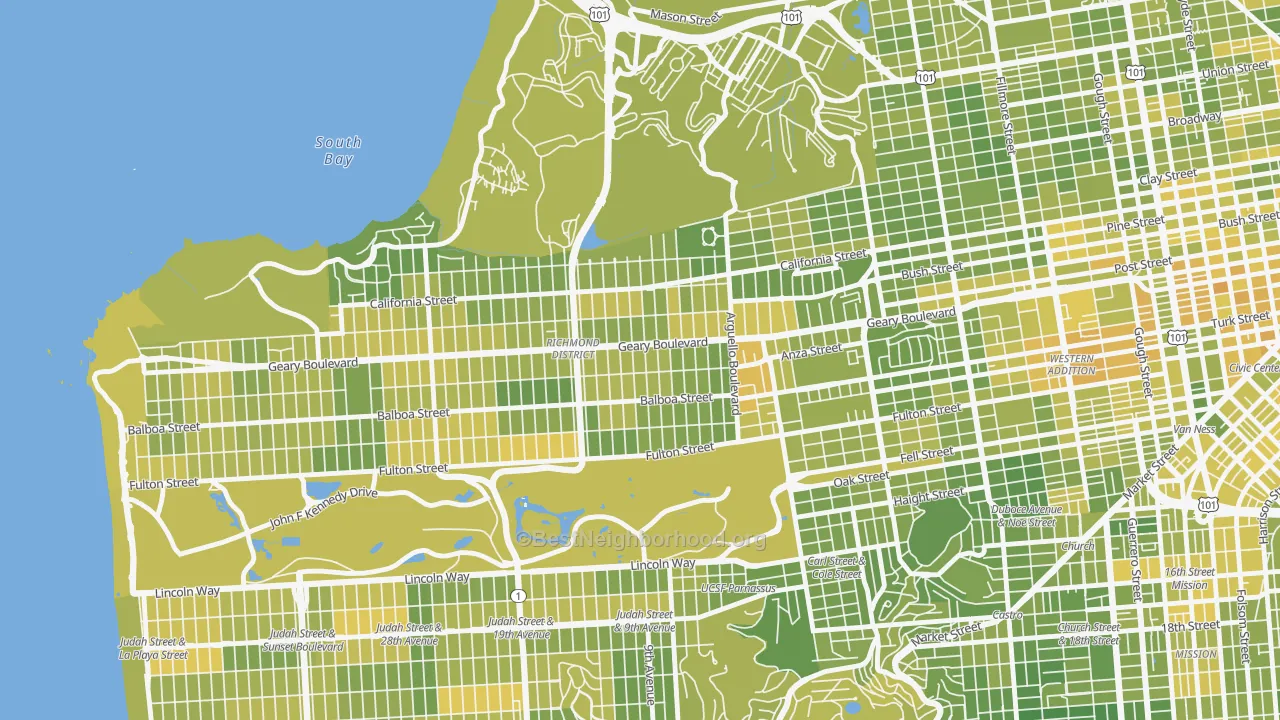 Map of the best neighborhoods in the Inner Richmond, San Francisco area, with better matches in green and worse matches in red