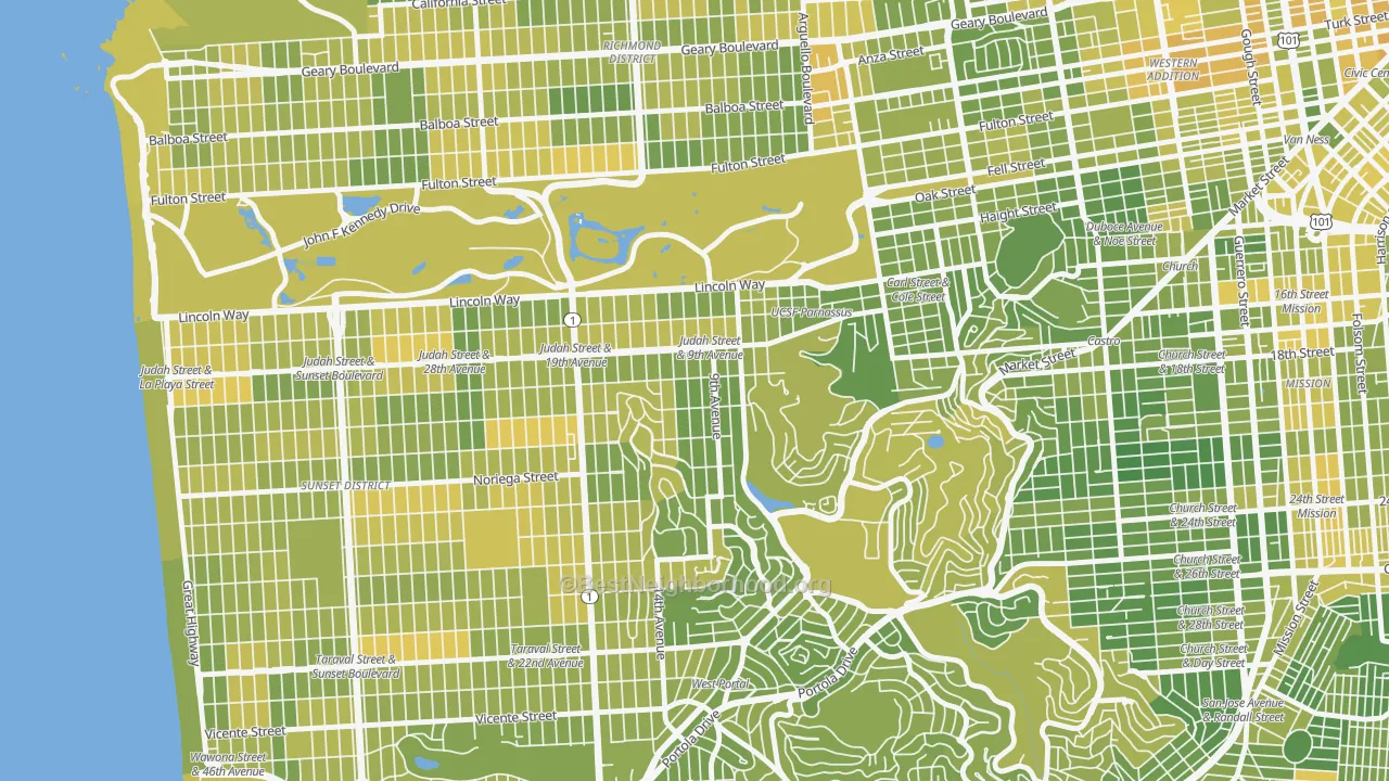 Map of the best neighborhoods in the Inner Sunset, San Francisco area, with better matches in green and worse matches in red