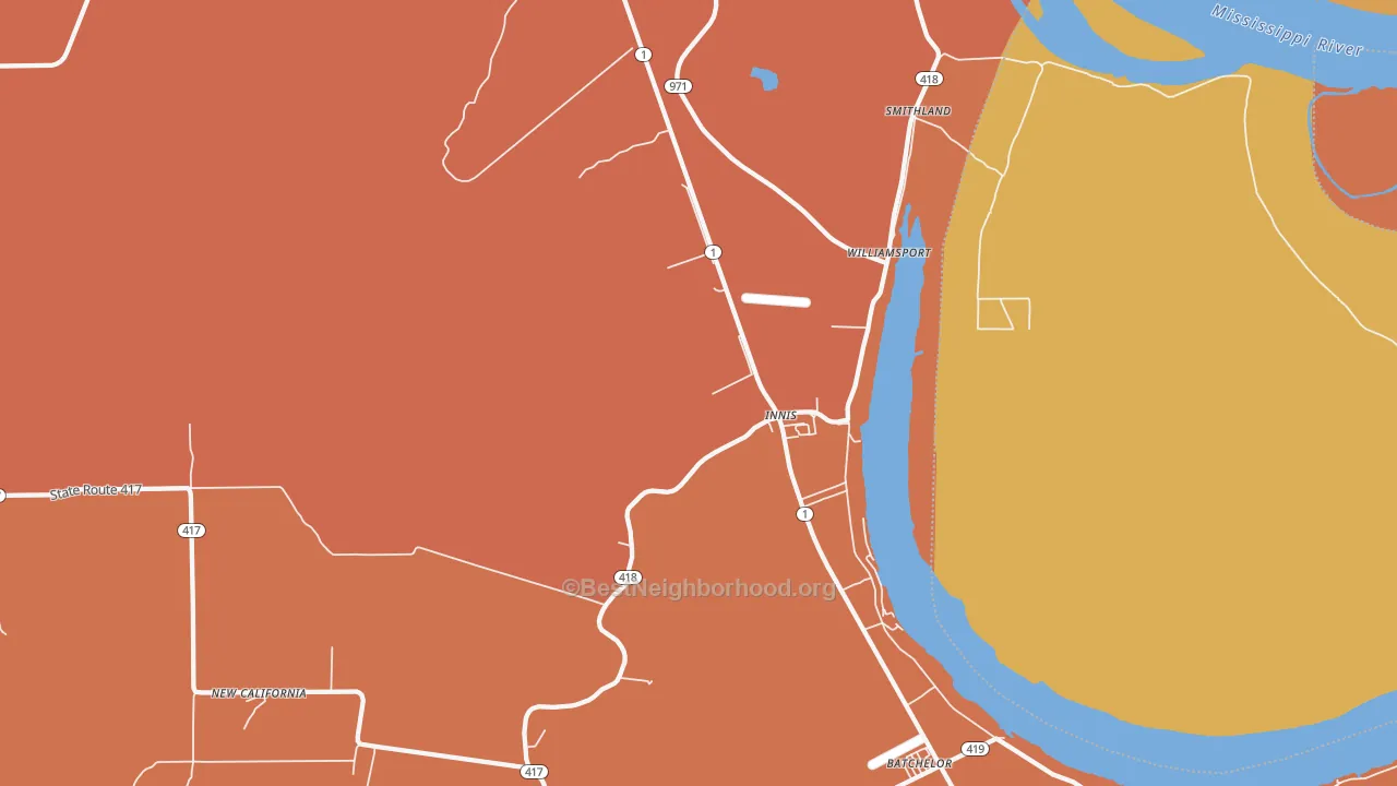 Map of the best neighborhoods in the Innis area, with better matches in green and worse matches in red