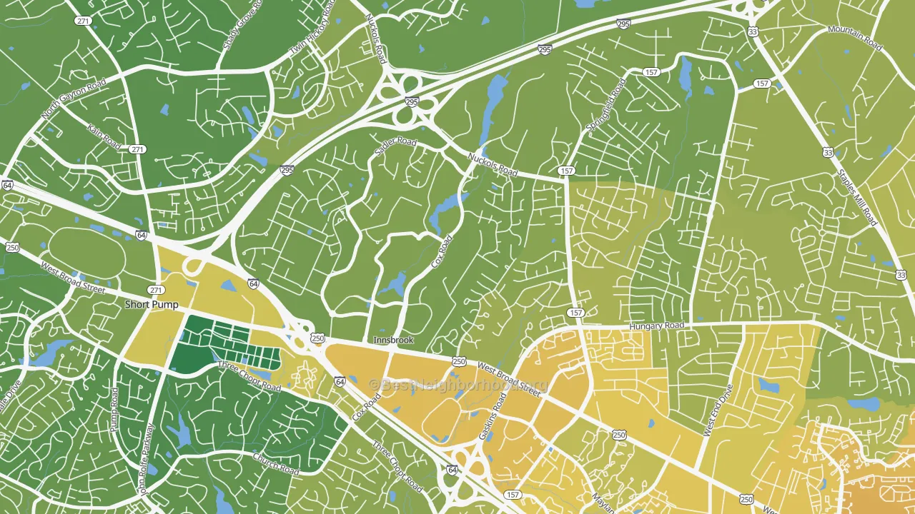 Map of the best neighborhoods in the Innsbrook area, with better matches in green and worse matches in red