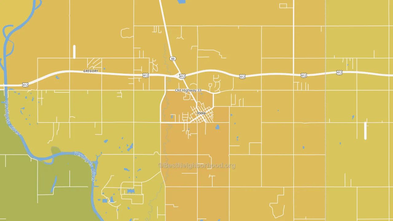 Map of the best neighborhoods in the Inola area, with better matches in green and worse matches in red