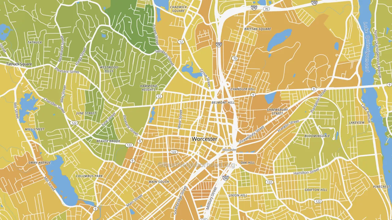 Map of the best neighborhoods in the Institute Park, Worcester area, with better matches in green and worse matches in red