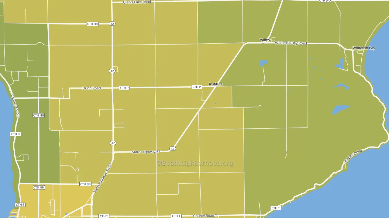 Map of the best neighborhoods in the Institute area, with better matches in green and worse matches in red