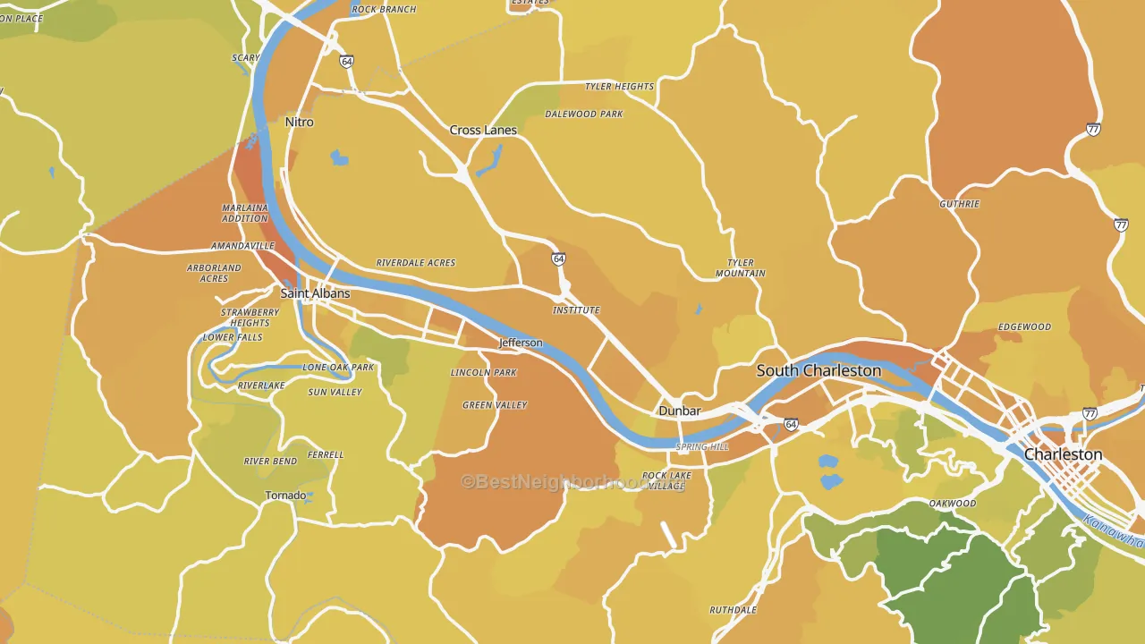 Map of the best neighborhoods in the Institute area, with better matches in green and worse matches in red