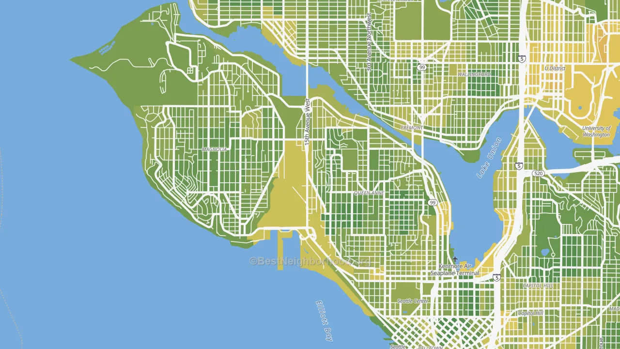 Map of the best neighborhoods in the Interbay, Seattle area, with better matches in green and worse matches in red