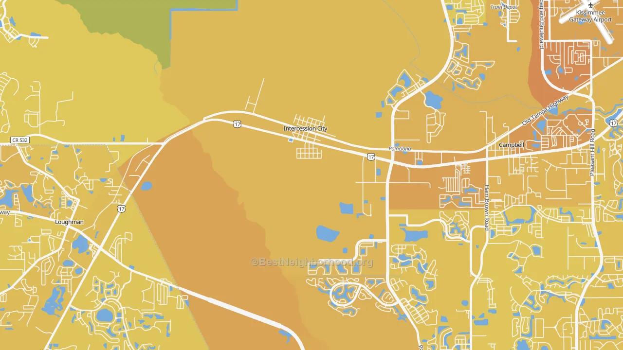 Map of the best neighborhoods in the Intercession City area, with better matches in green and worse matches in red
