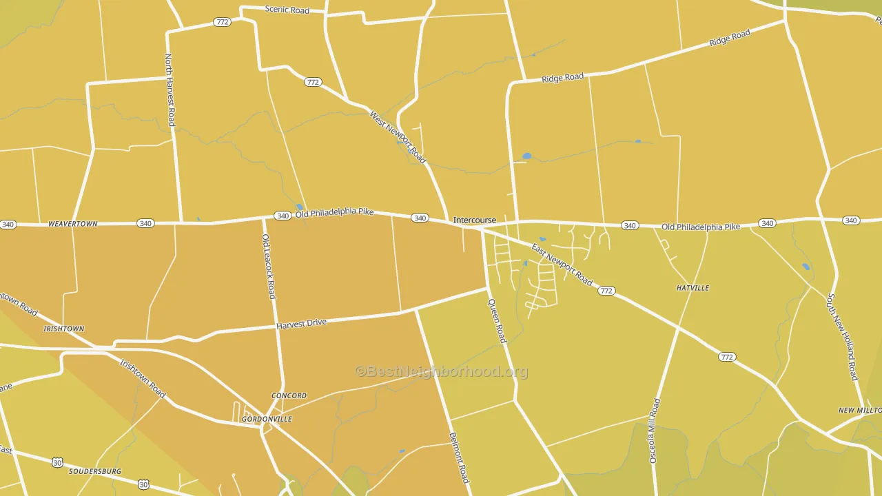 Map of the best neighborhoods in the Intercourse area, with better matches in green and worse matches in red