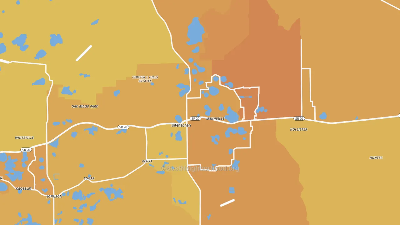 Map of the best neighborhoods in the Interlachen area, with better matches in green and worse matches in red