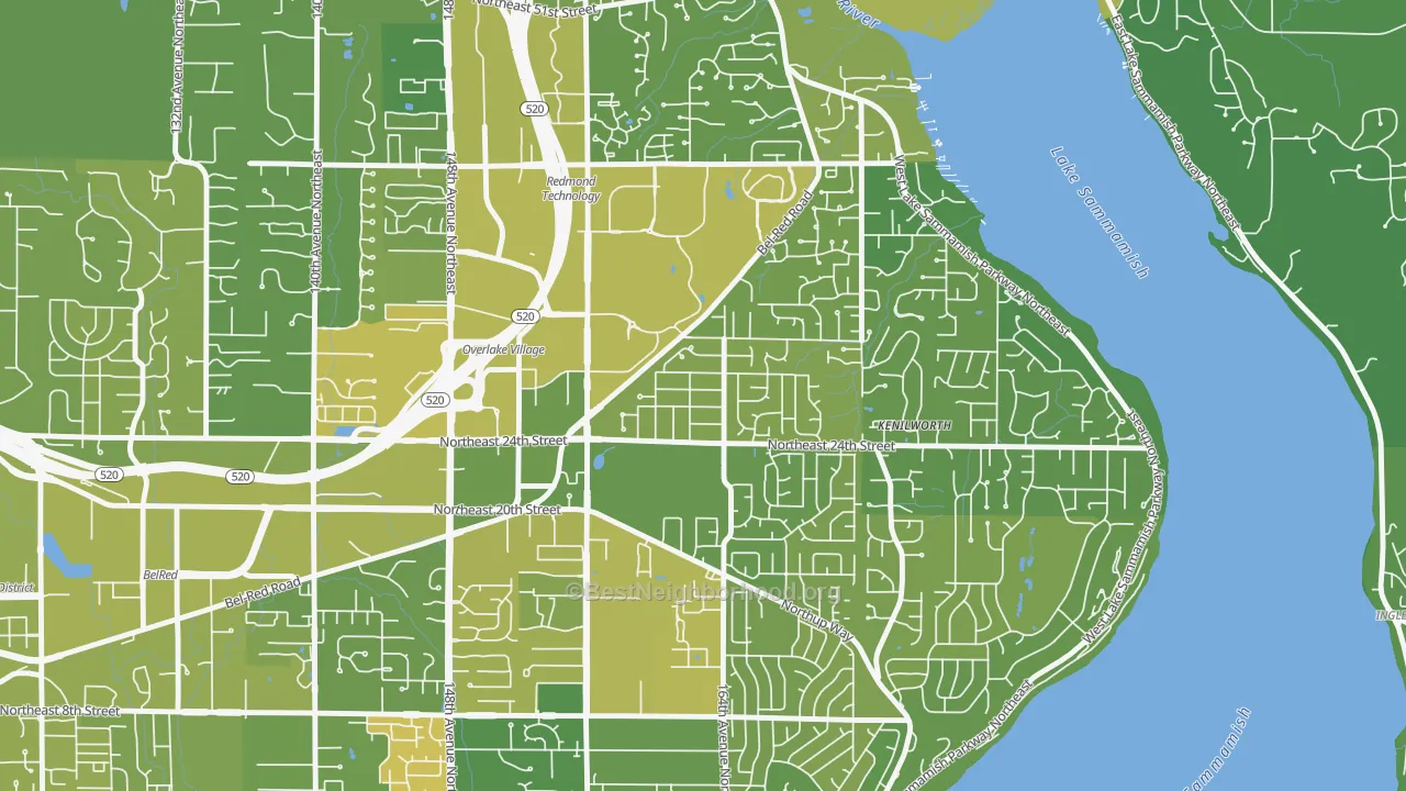 Map of the best neighborhoods in the Interlake, Bellevue area, with better matches in green and worse matches in red