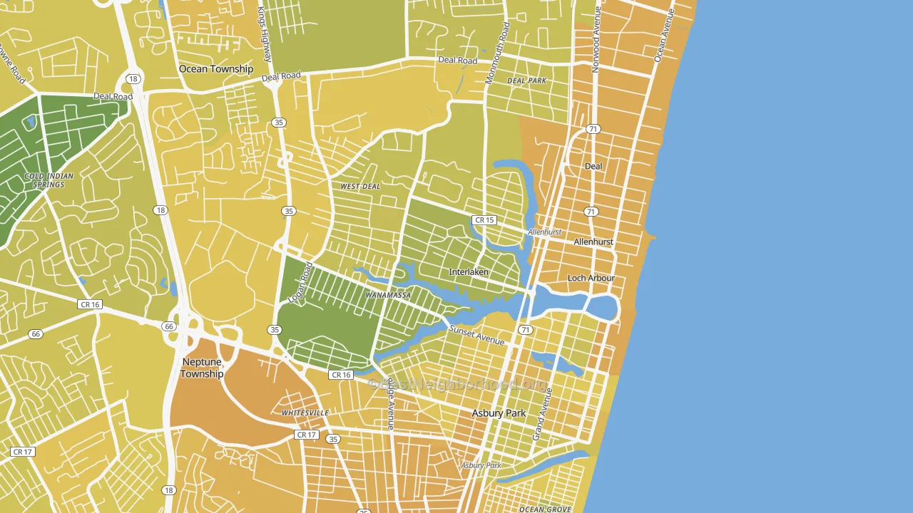 Map of the best neighborhoods in the Interlaken area, with better matches in green and worse matches in red