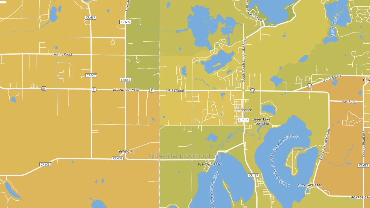 Map of the best neighborhoods in the Interlochen area, with better matches in green and worse matches in red