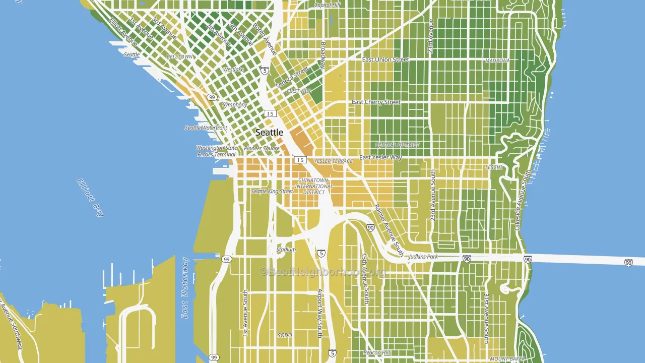 Map of the best neighborhoods in the International District, Seattle area, with better matches in green and worse matches in red