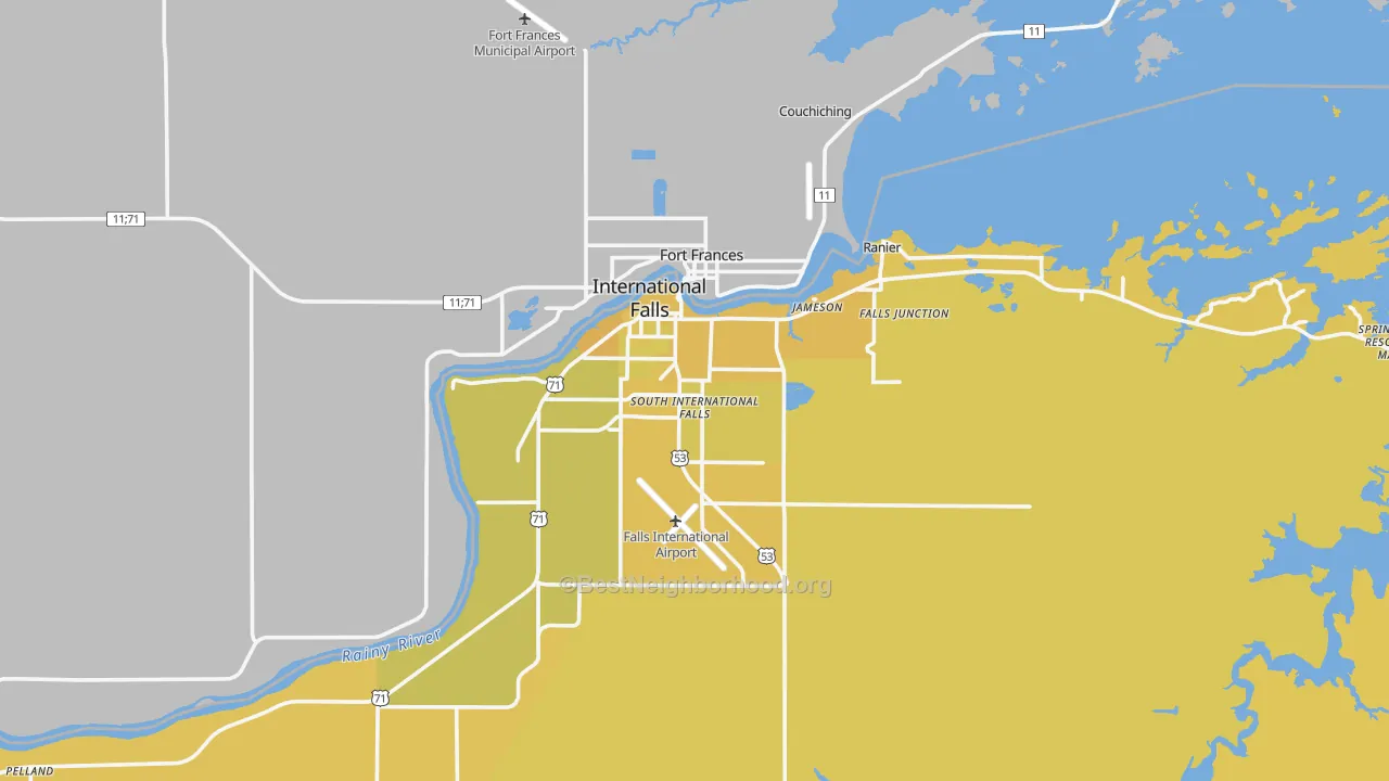 Map of the best neighborhoods in the International Falls area, with better matches in green and worse matches in red