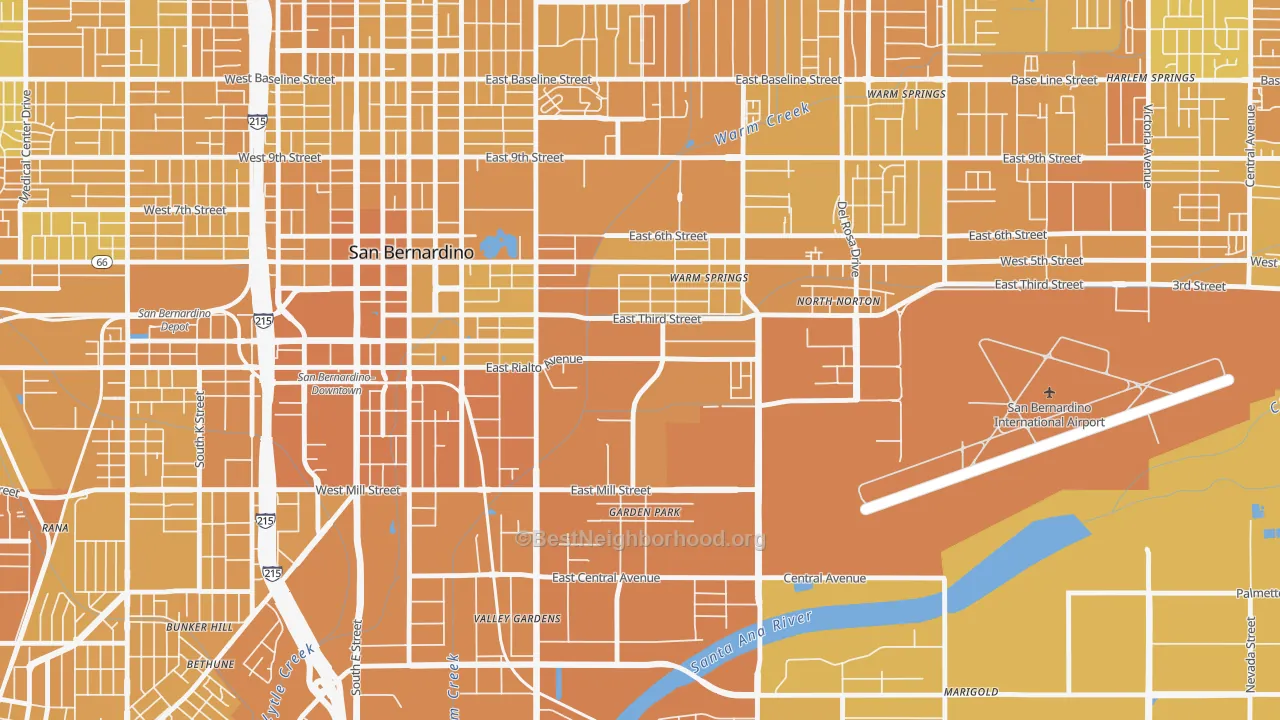 Map of the best neighborhoods in the International, San Bernardino area, with better matches in green and worse matches in red