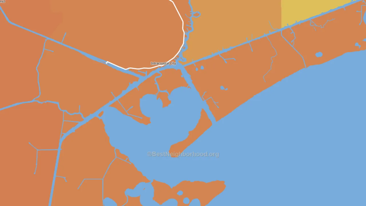 Map of the best neighborhoods in the Intracoastal City area, with better matches in green and worse matches in red